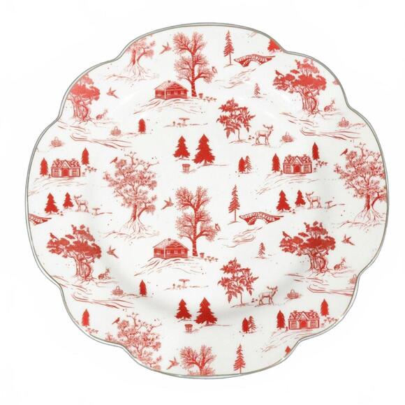 Grace's Teaware Other - Grace Teaware Winter Village 2pc Red 9.25" Salad Plate Toile Scallop Gold Trim